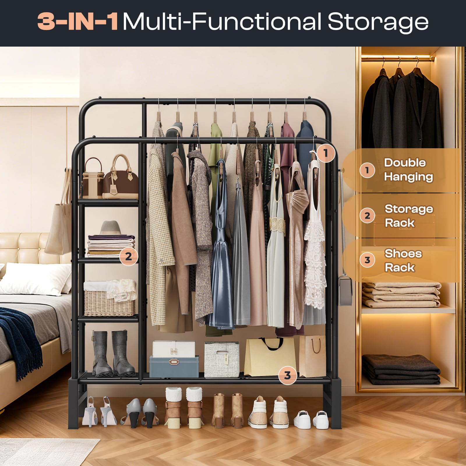 LZNIOZ rack with side shelves storing bags and essentials within reach.