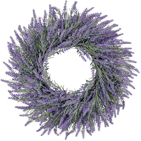LZNPA 26-inch lavender front door wreath adds romantic color to outdoor entry.