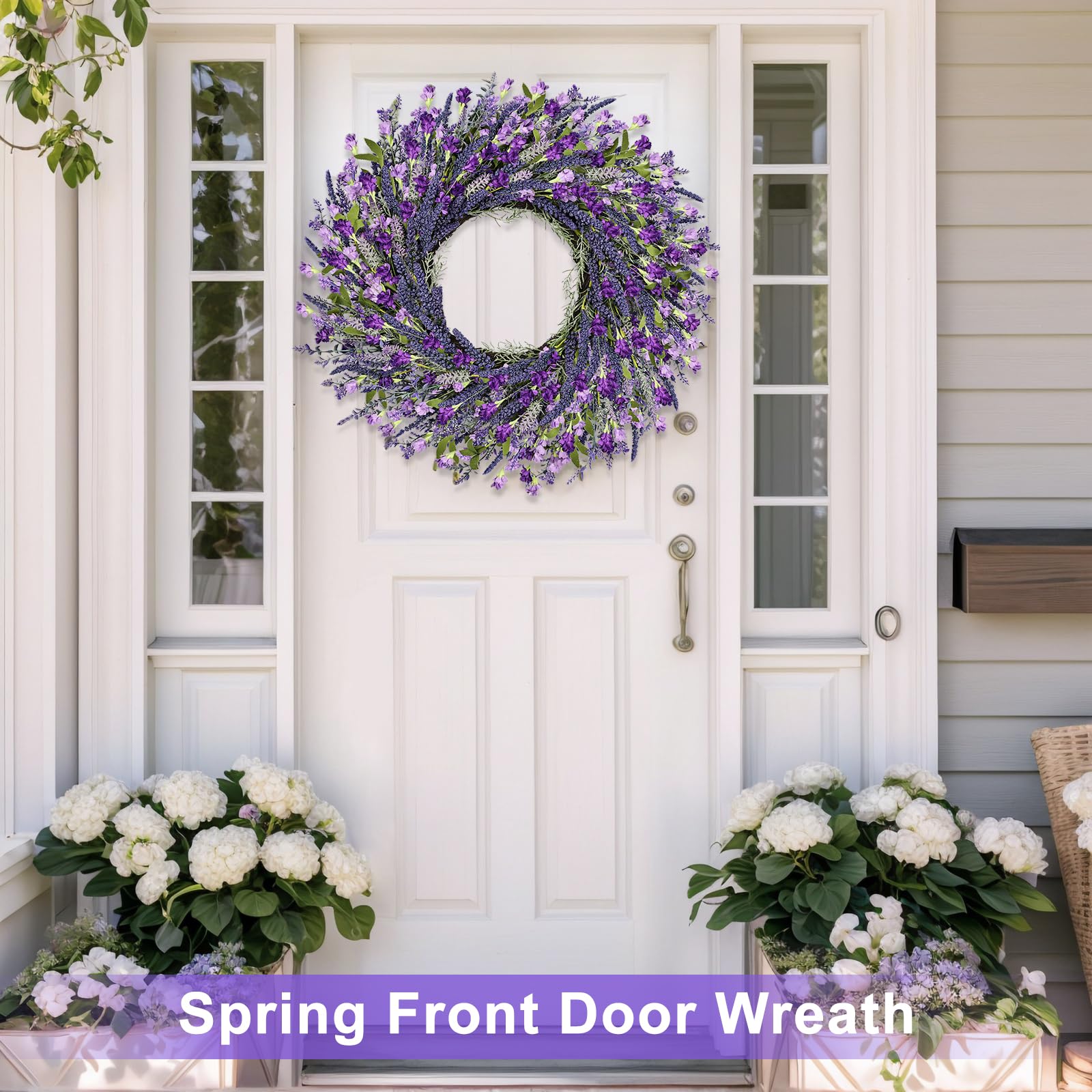LZNPA lavender wreath on porch complements seasonal home aesthetics