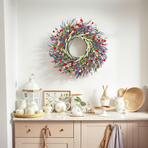 LZNPA window display lavender wreath spring color accents