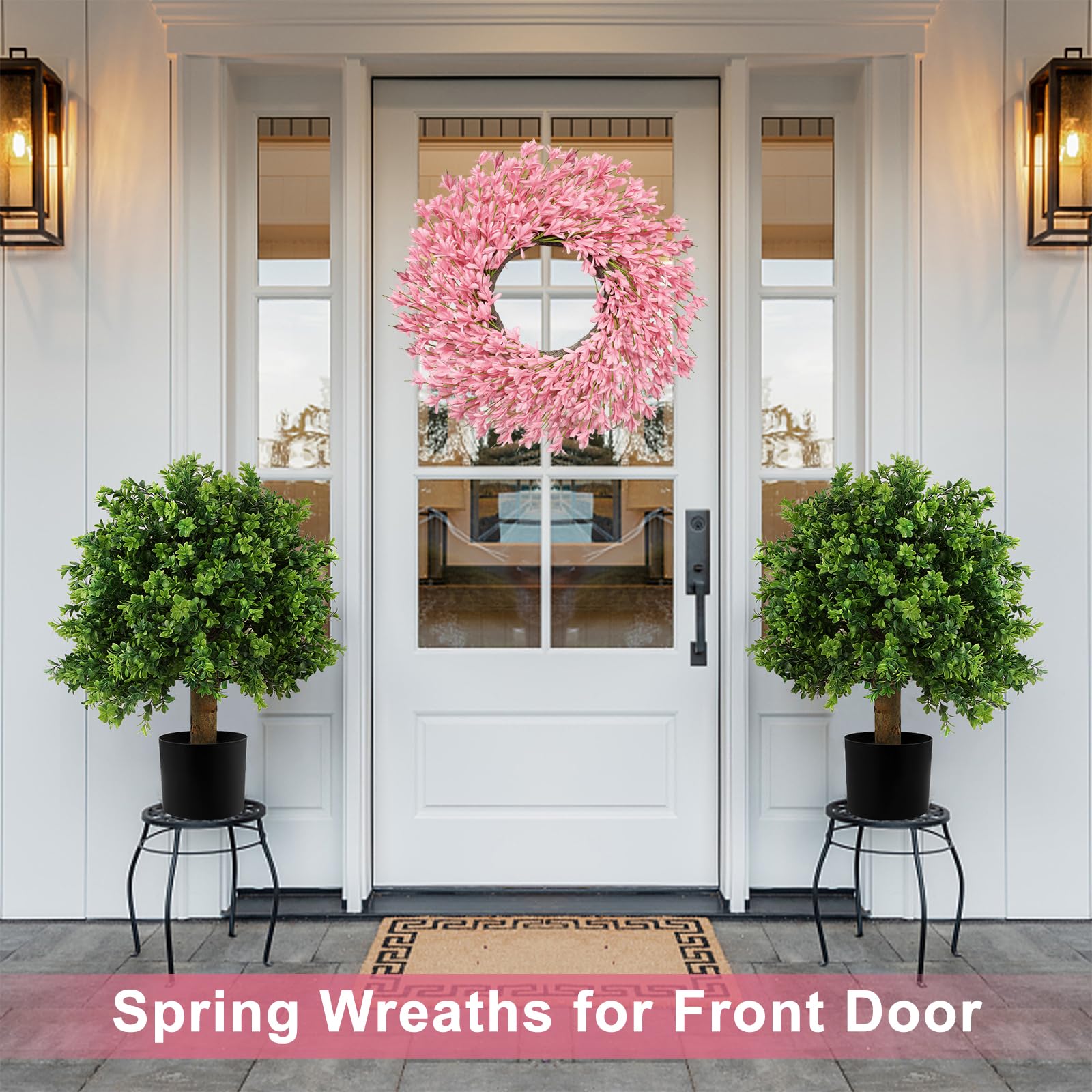 LZNPA wedding entryway wreath in pink adds romantic focal point.