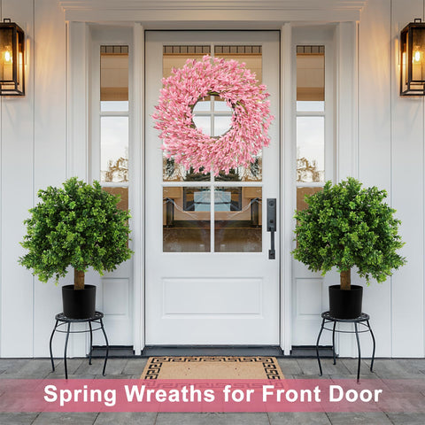LZNPA wedding entryway wreath in pink adds romantic focal point.
