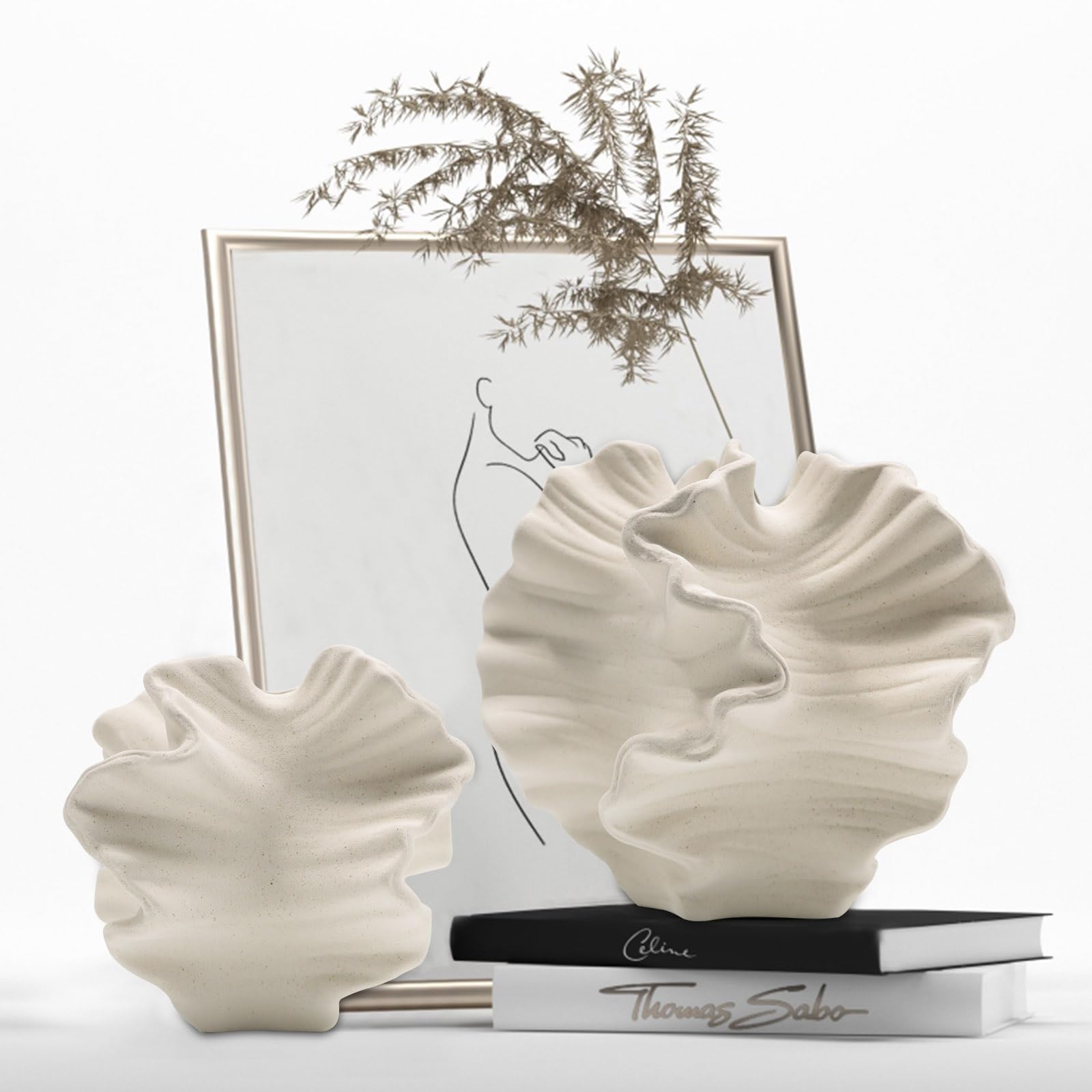LZV ceramic vase with flower-shape tall silhouette, ideal as a living room centerpiece.