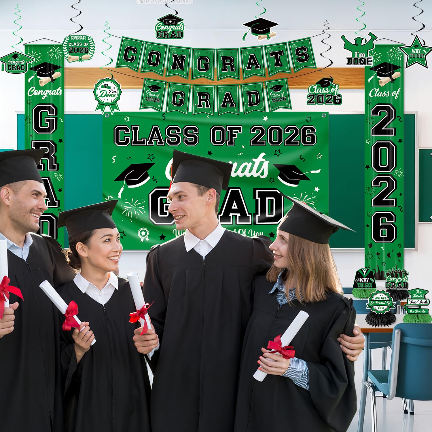 M AMFEOV caps-gowns-banner showcases classic graduation symbols.