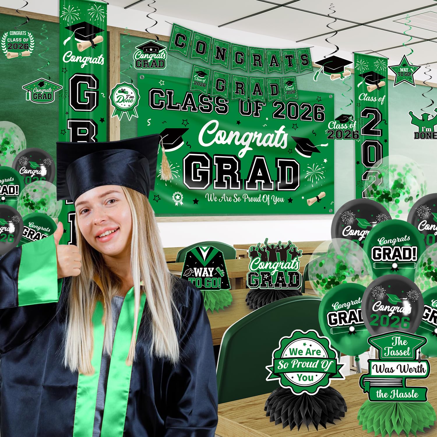 M AMFEOV class-of-2026-banner complements the party theme.