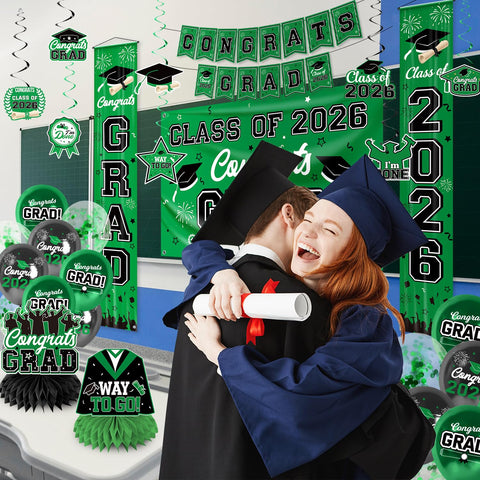 M AMFEOV graduation-theme-decor ties the green aesthetic together.
