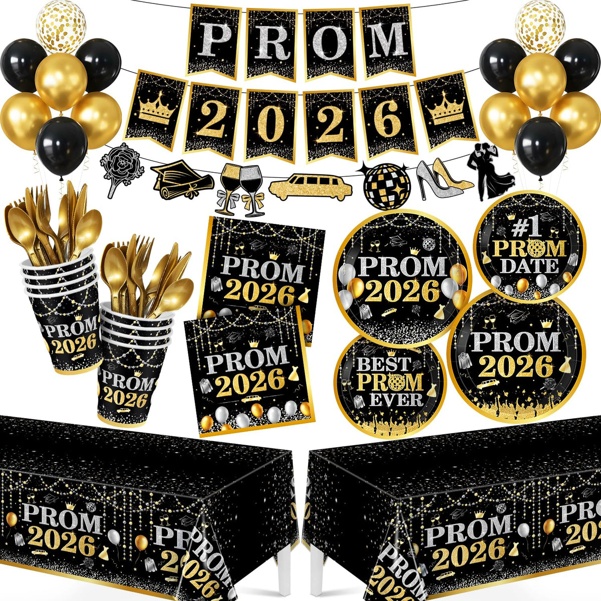 M AMFEOV Prom Decorations plates-9inch: sleek black and gold for a polished prom tablescape.