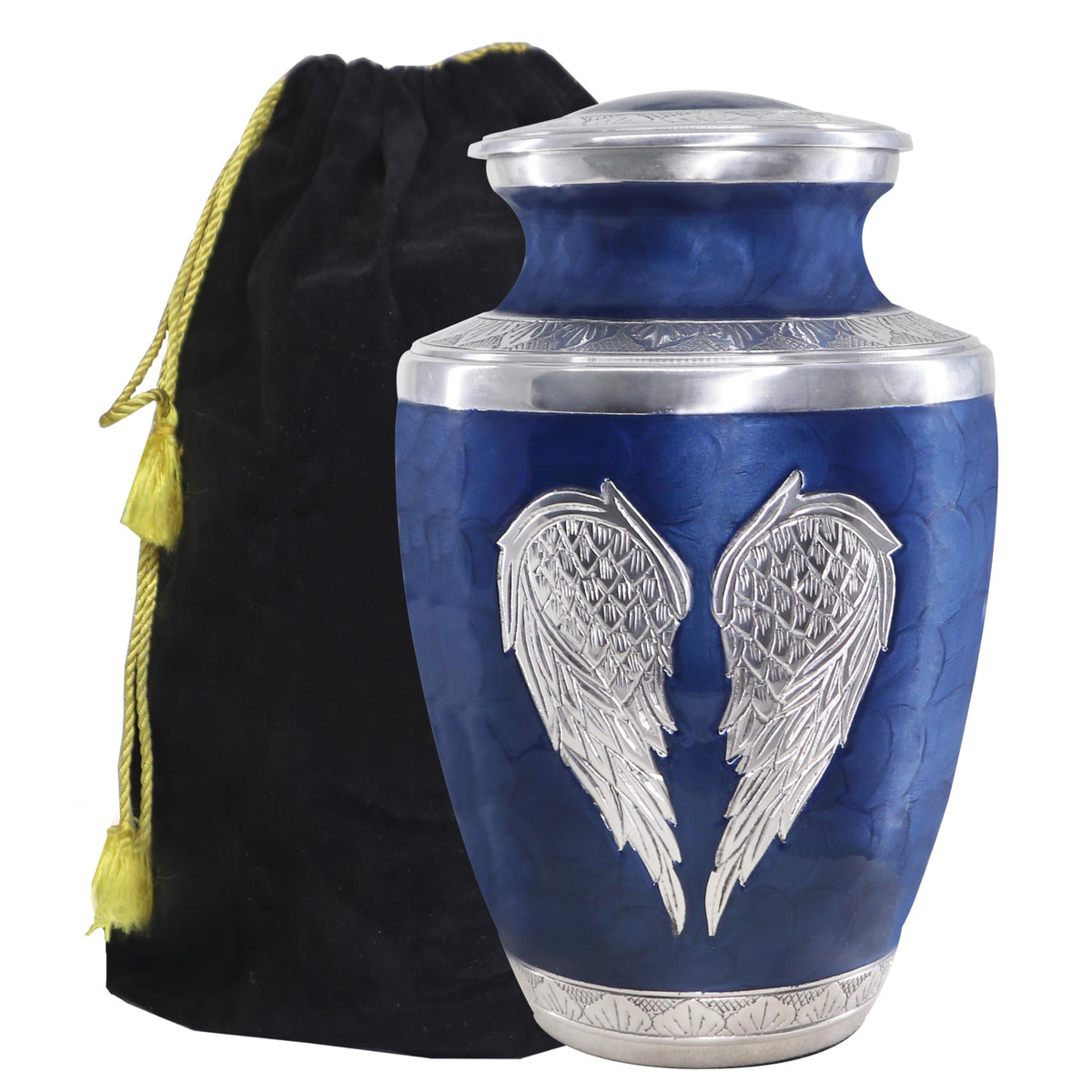 M MEILINXU urn with angel wings in dark blue, ideal for dignified memorials.
