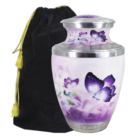 M MEILINXU urn with purple butterflies and white flowers for a heartfelt memorial display.
