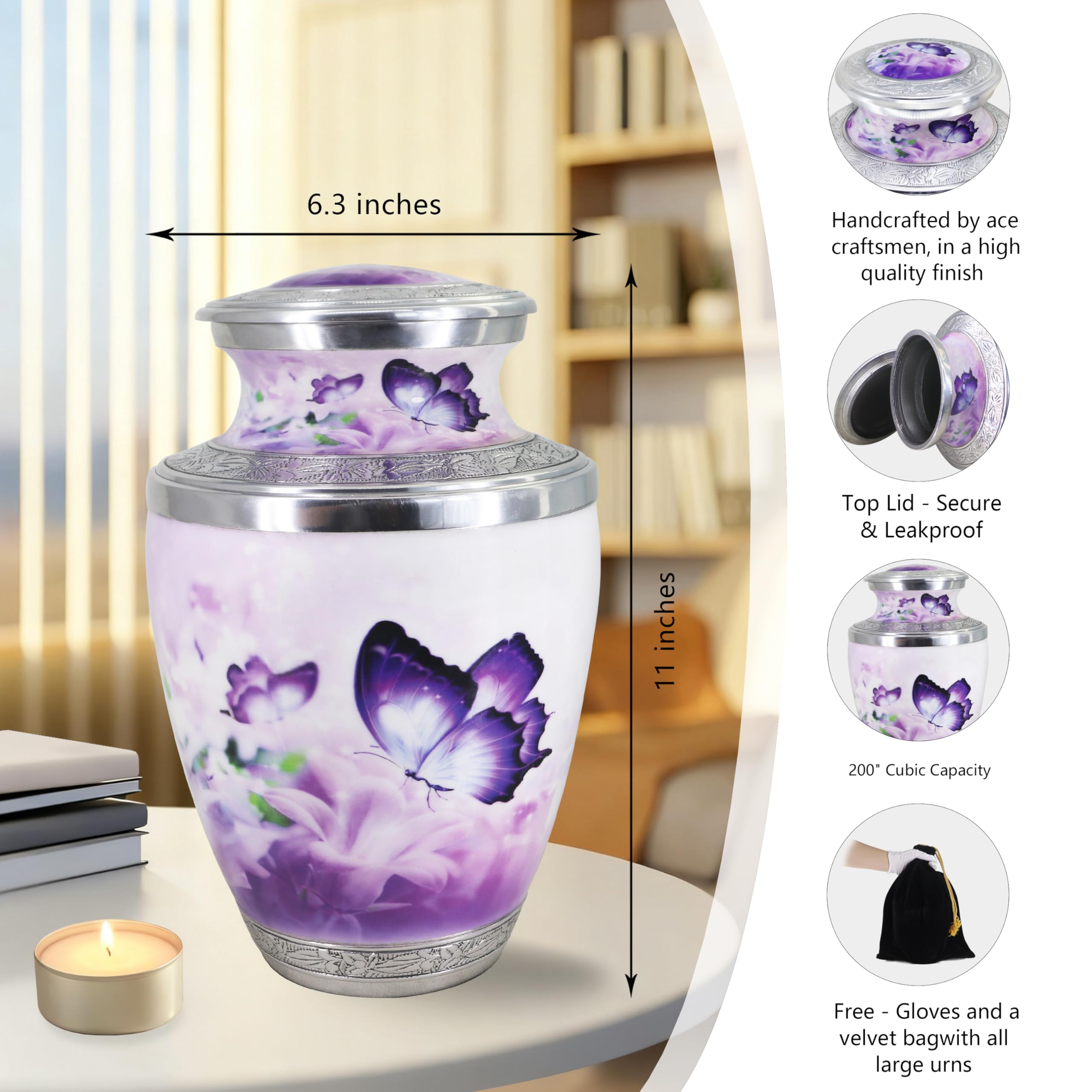 Closeup of M MEILINXU urn butterfly engravings for lasting keepsake.