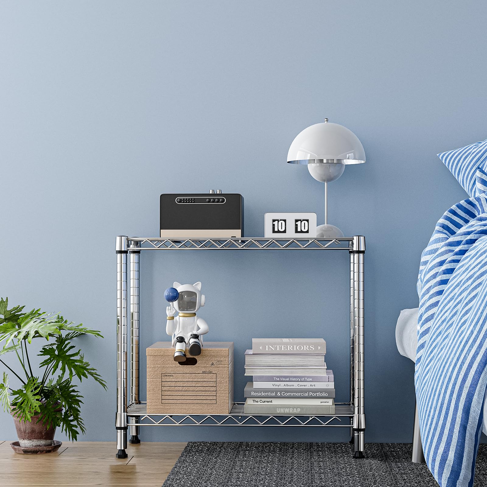 M MZG chrome rack in laundry room keeps detergents accessible