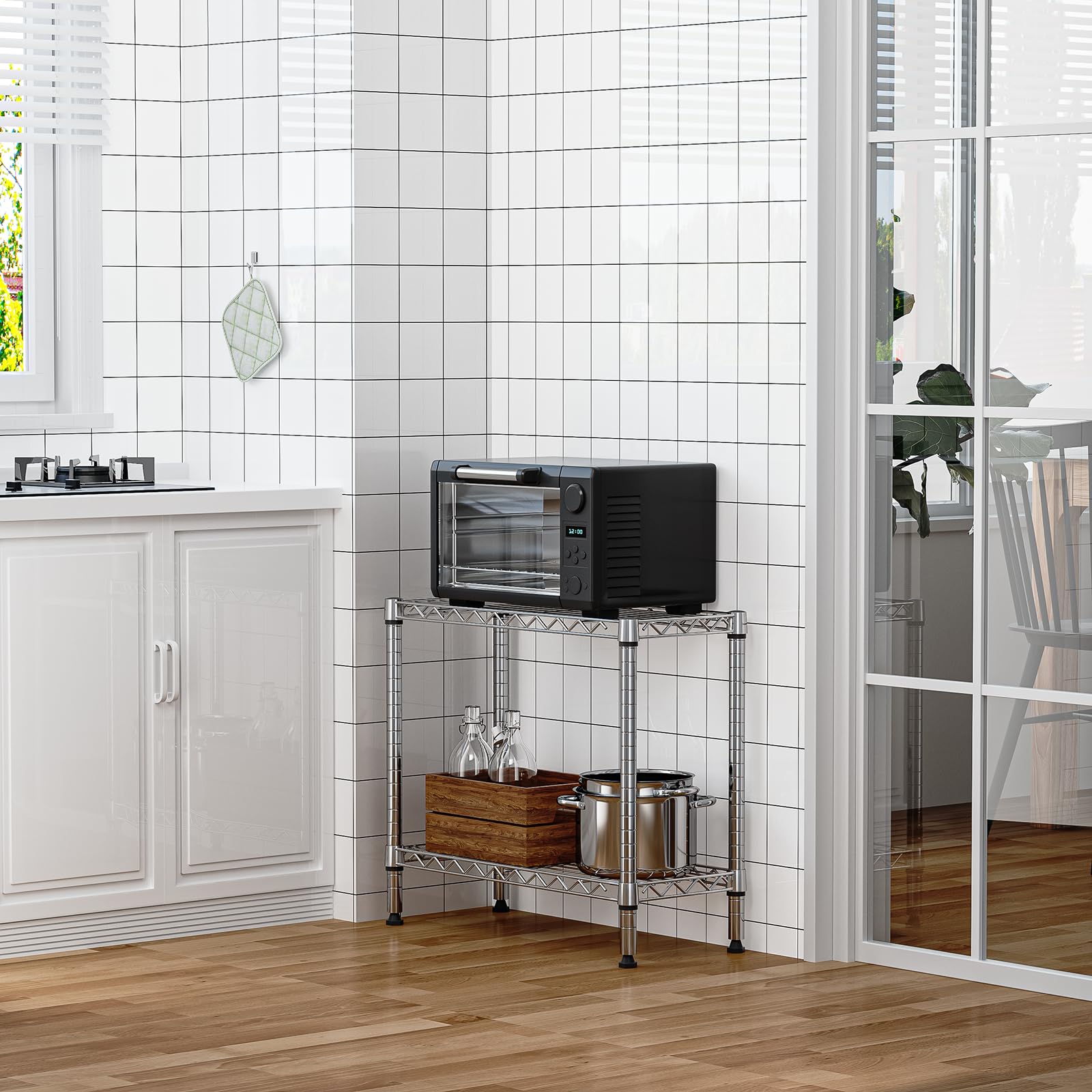 M MZG chrome storage rack, side view shows slim profile for small spaces