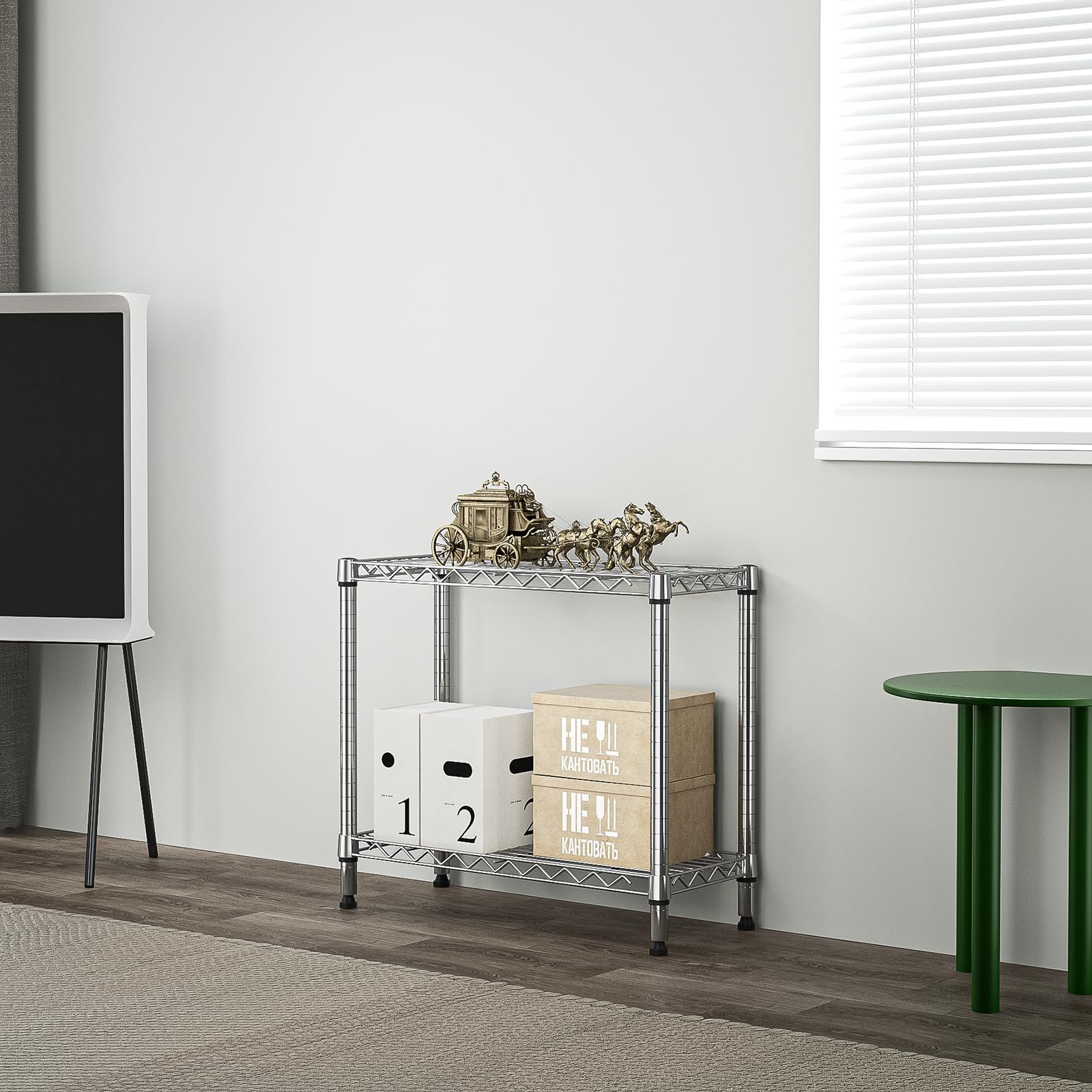 M MZG 2-tier chrome rack, vertical shelves for organized storage