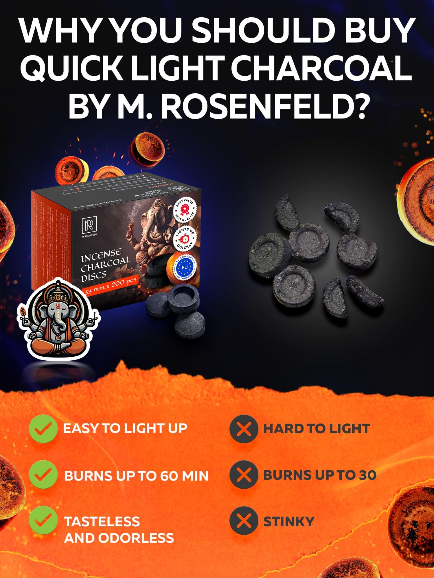 M. ROSENFELD incense burner with tongs using charcoal discs.