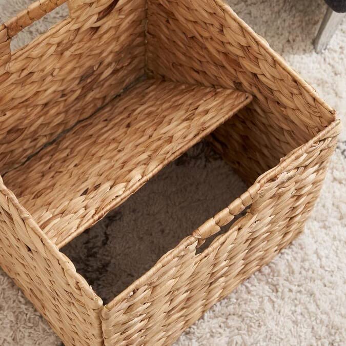 M4DECOR water hyacinth basket 12x12 on shelf, complements cube organizers.