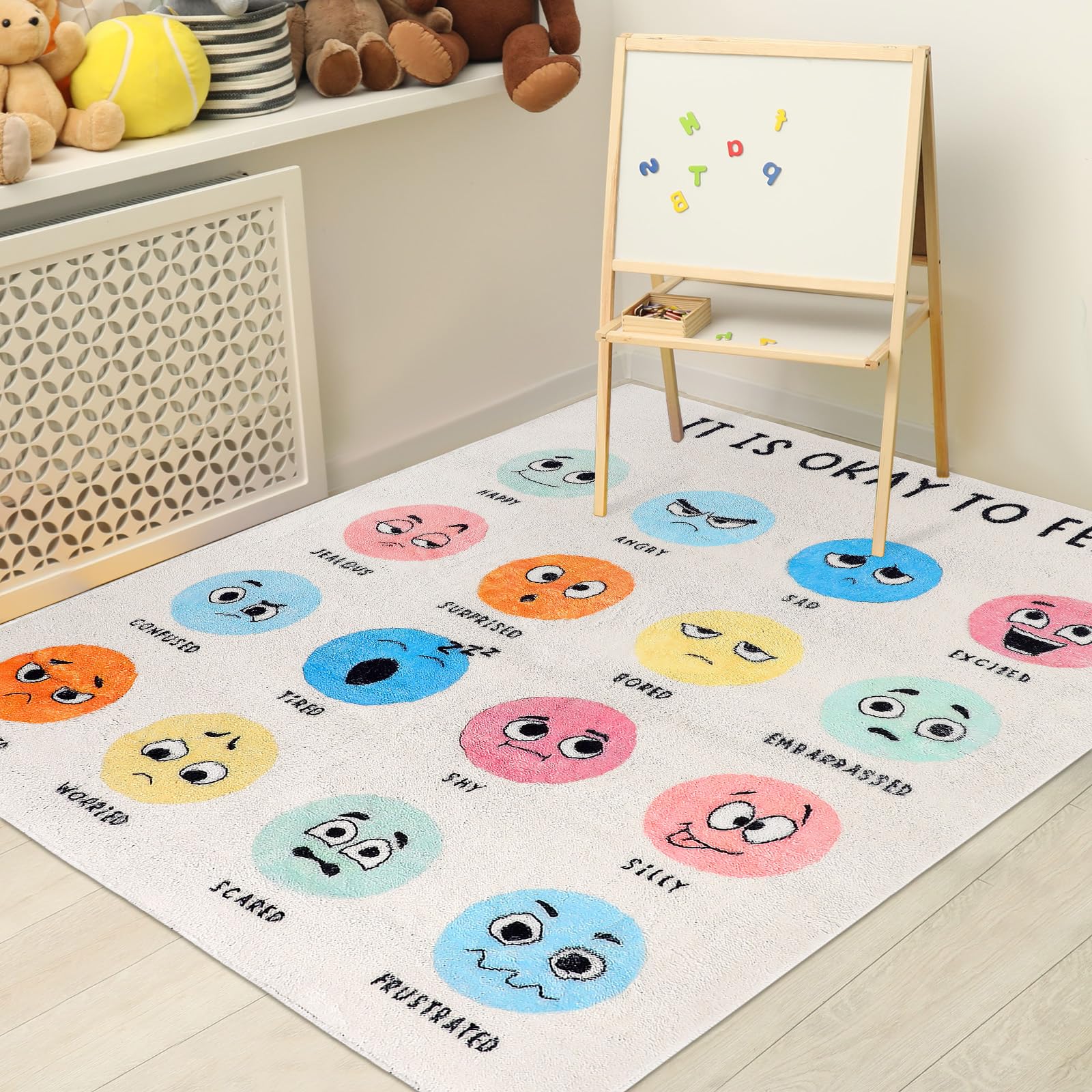 Maasechs calming corner rug with feelings chart supports emotional learning at home or school.