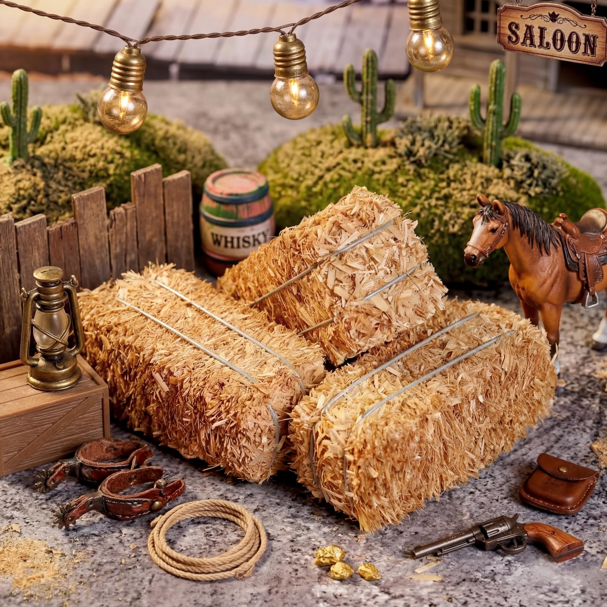 Maasechs cowboy party decor using mini hay bales on tables.