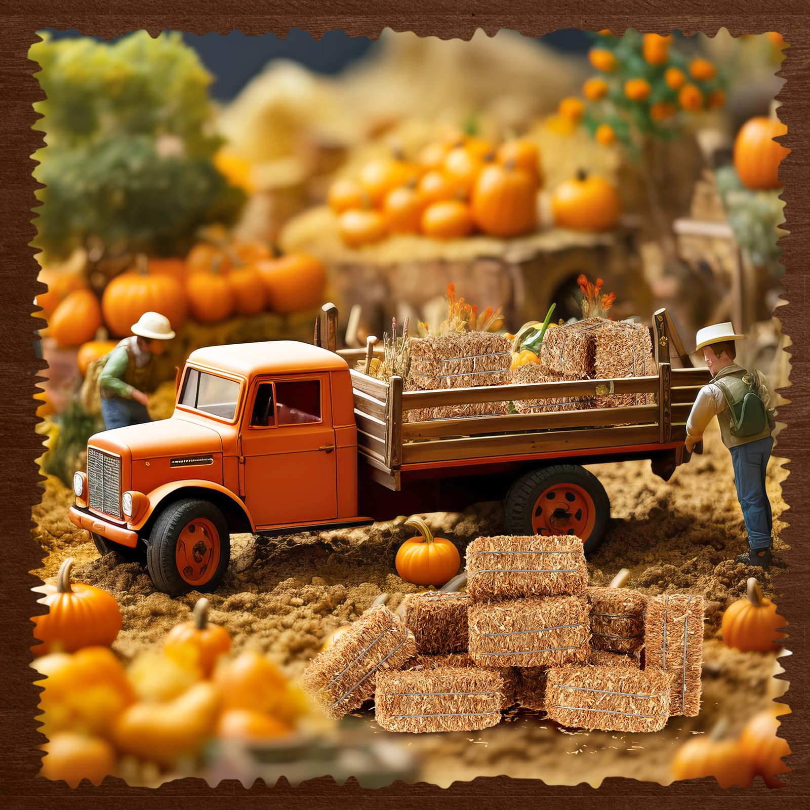 Maasechs mini farm scene enhanced by hay bale decorations.