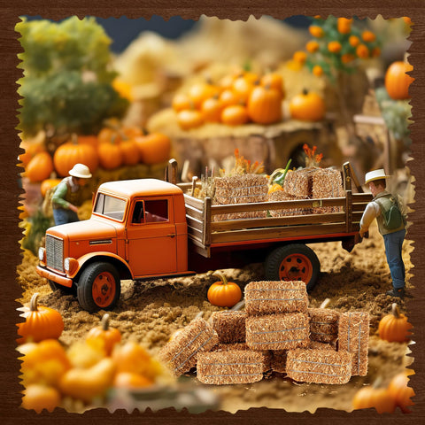 Maasechs mini farm scene enhanced by hay bale decorations.