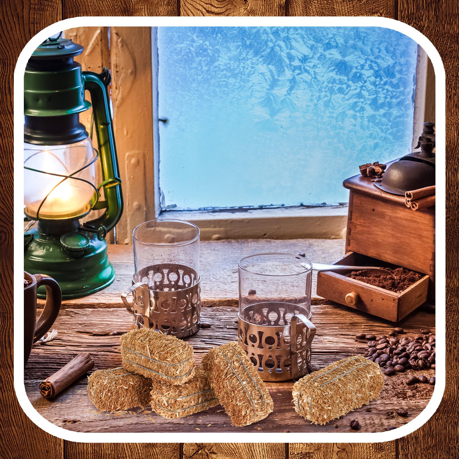 Maasechs rustic shelf decor with miniature hay bales for charm.