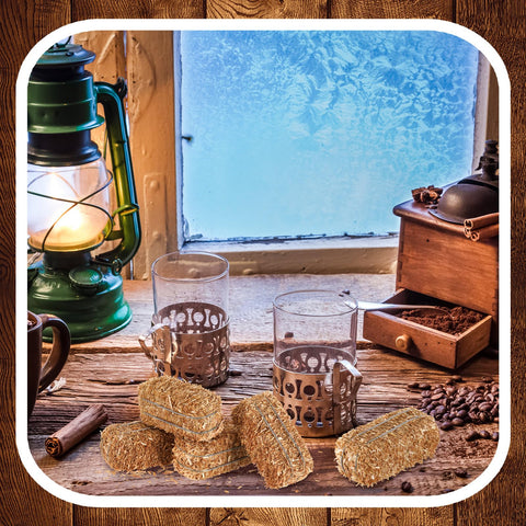 Maasechs rustic shelf decor with miniature hay bales for charm.
