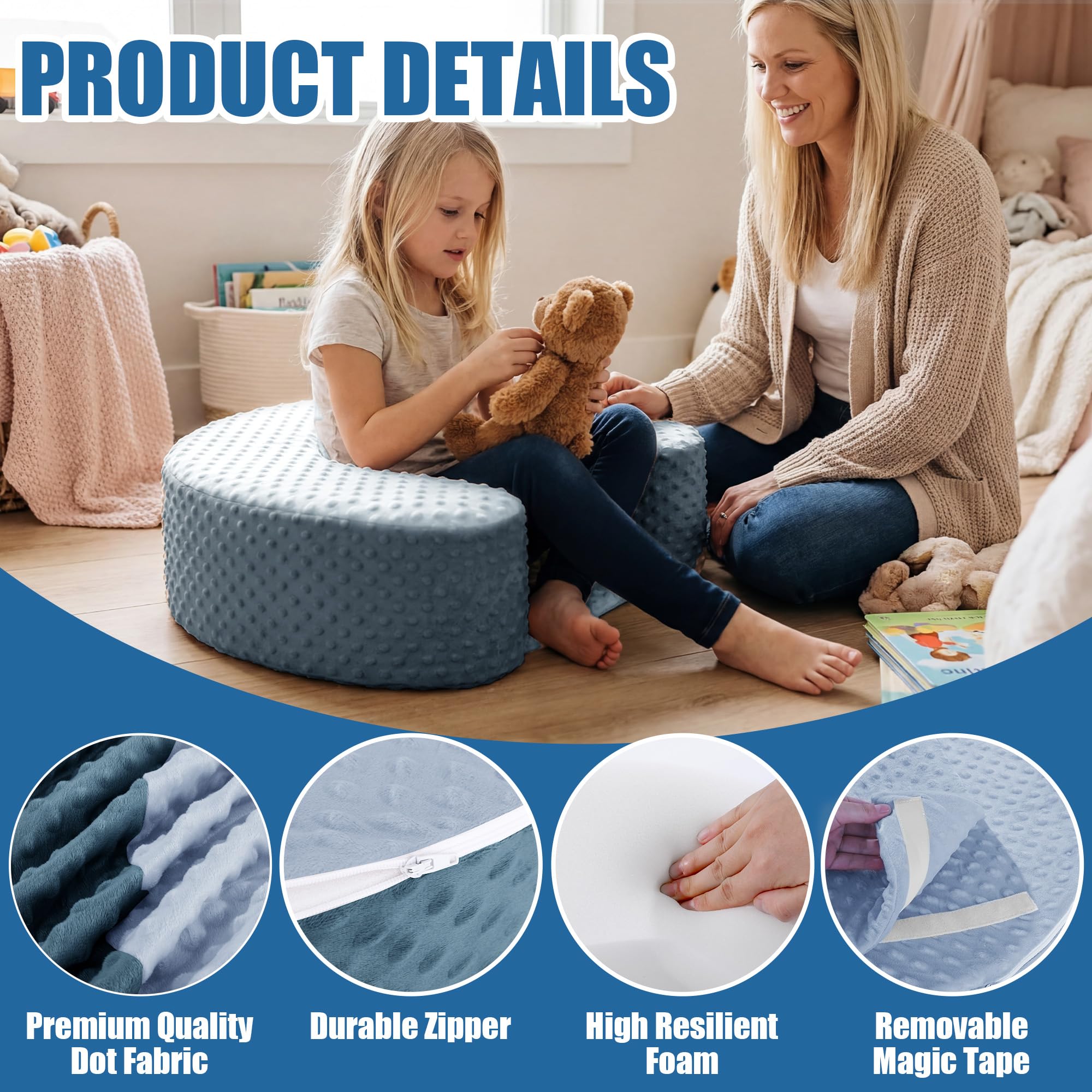 MABOZOO foam seat features soft-density material for gentle, stable seating on the floor.