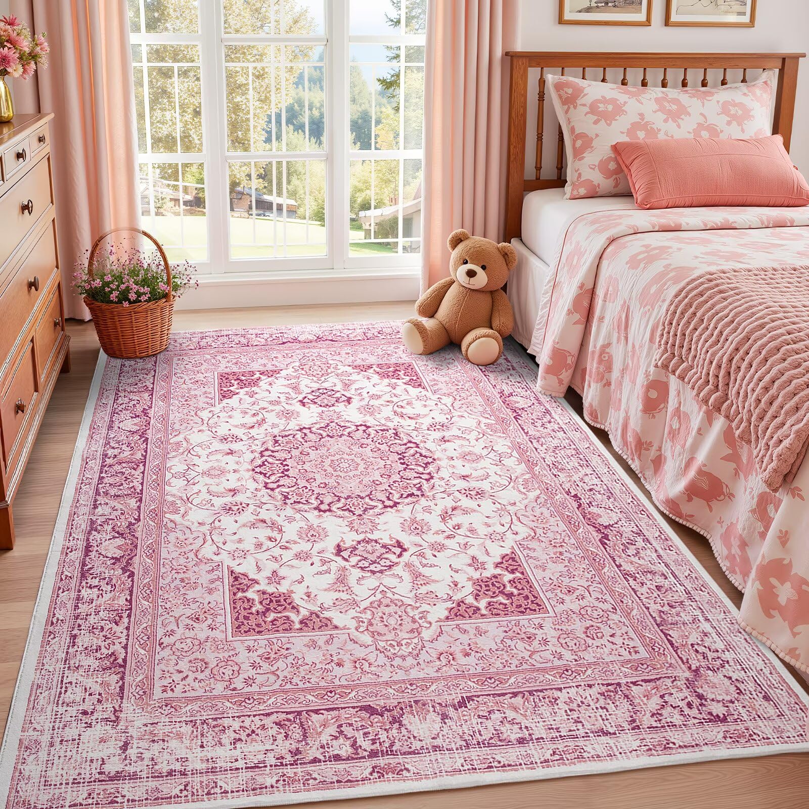 Macgace 5x7 bright pink medallion rug enhances living room decor with bold vintage charm.