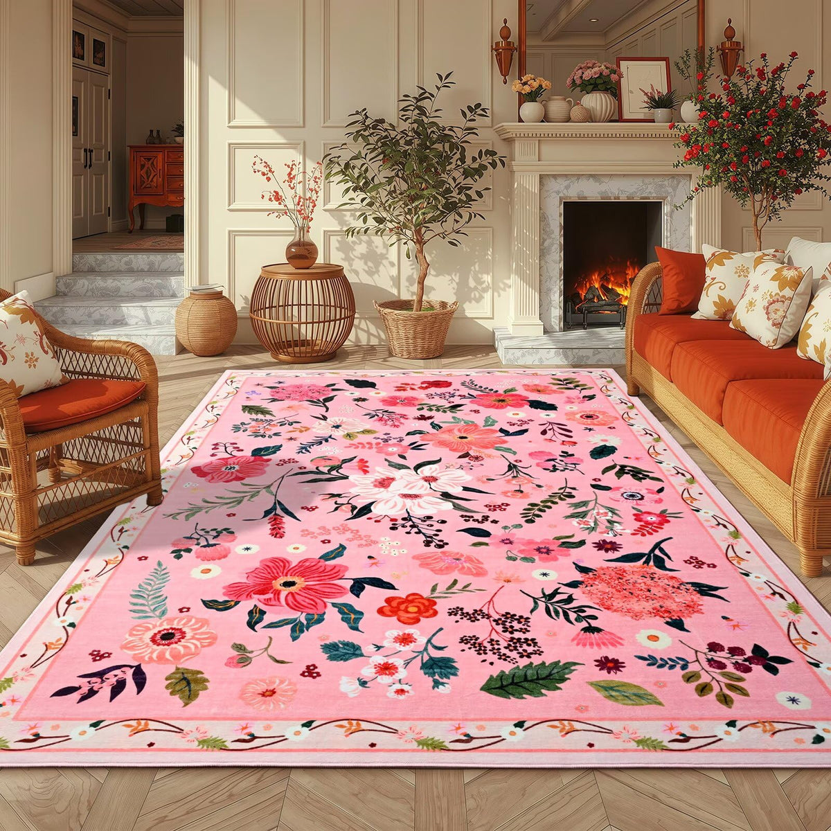 Macgace 5x7 pink floral rug in living room adds cozy elegance for daily use.