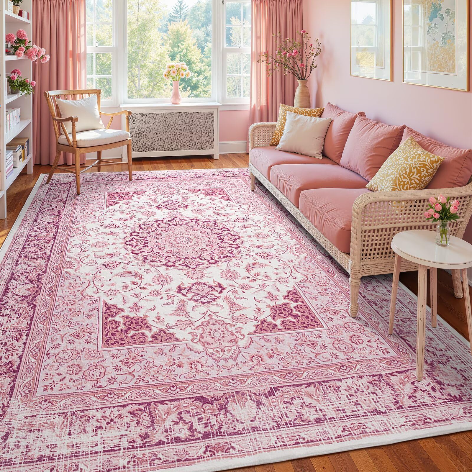 Macgace 5x7 bright pink medallion rug living room focal point with vintage flair.