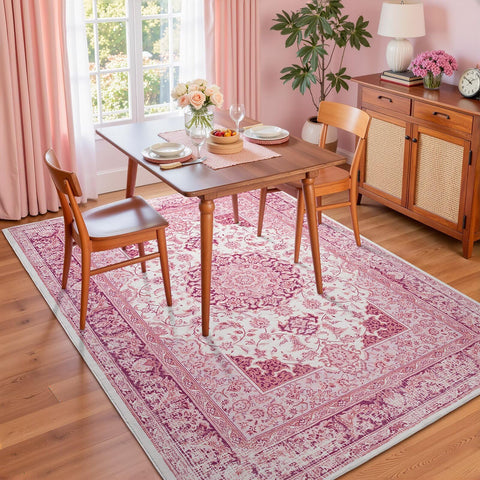 Macgace bright pink rug for kids room adds soft texture and playful color.