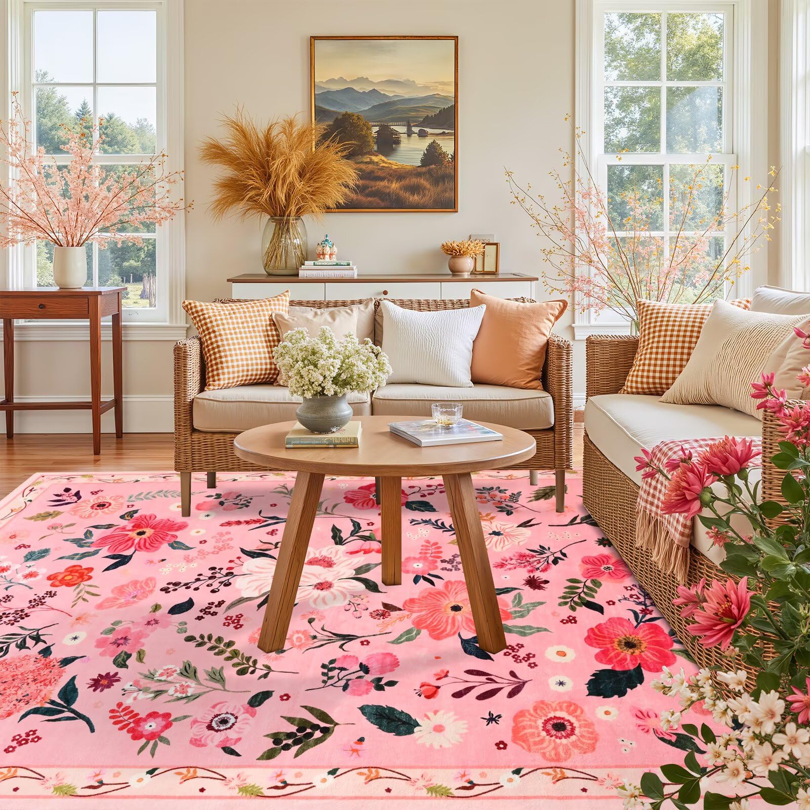 Macgace pink floral rug; machine-washable design for busy homes.