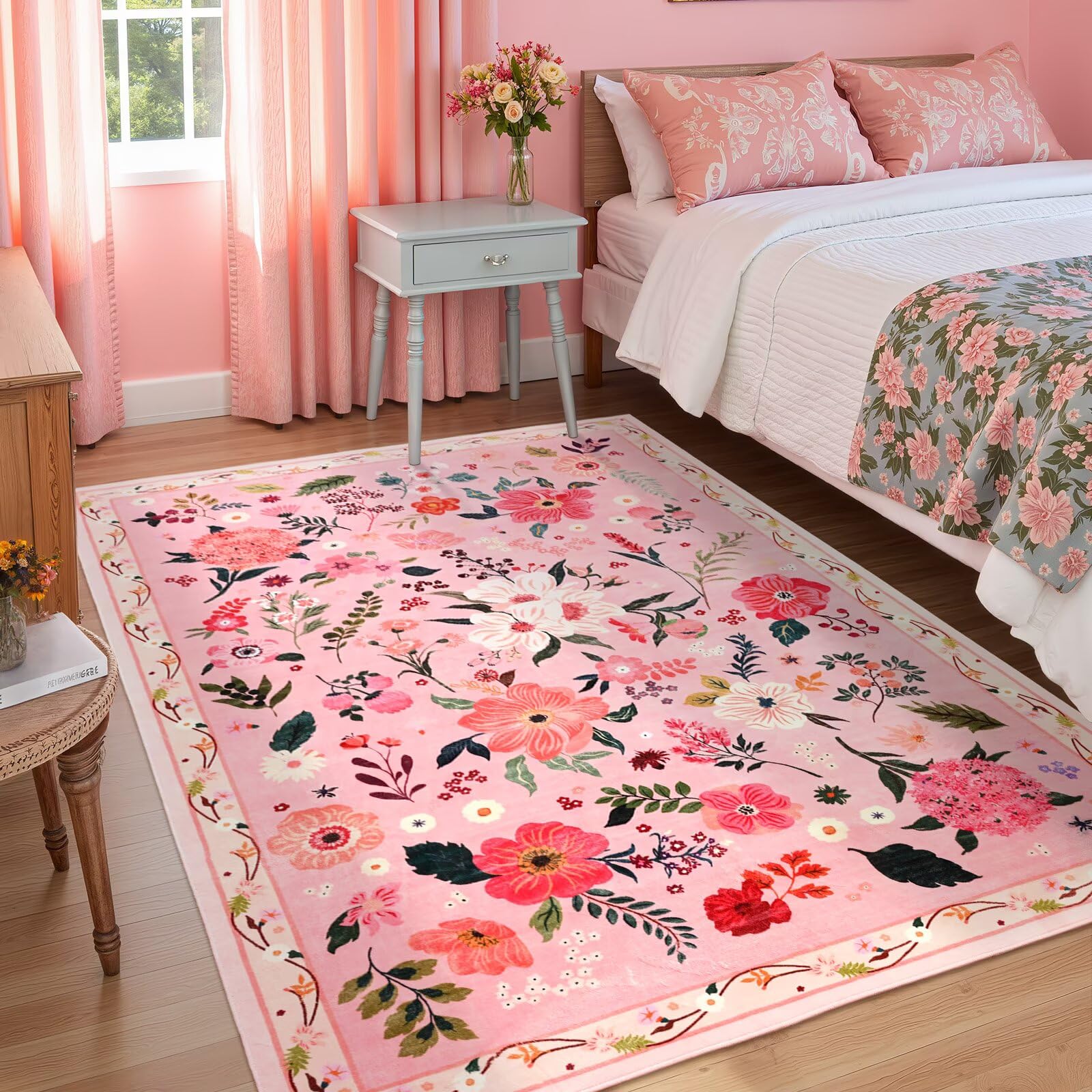 Macgace ultra-low pile floral rug stays under furniture while delivering comfort.