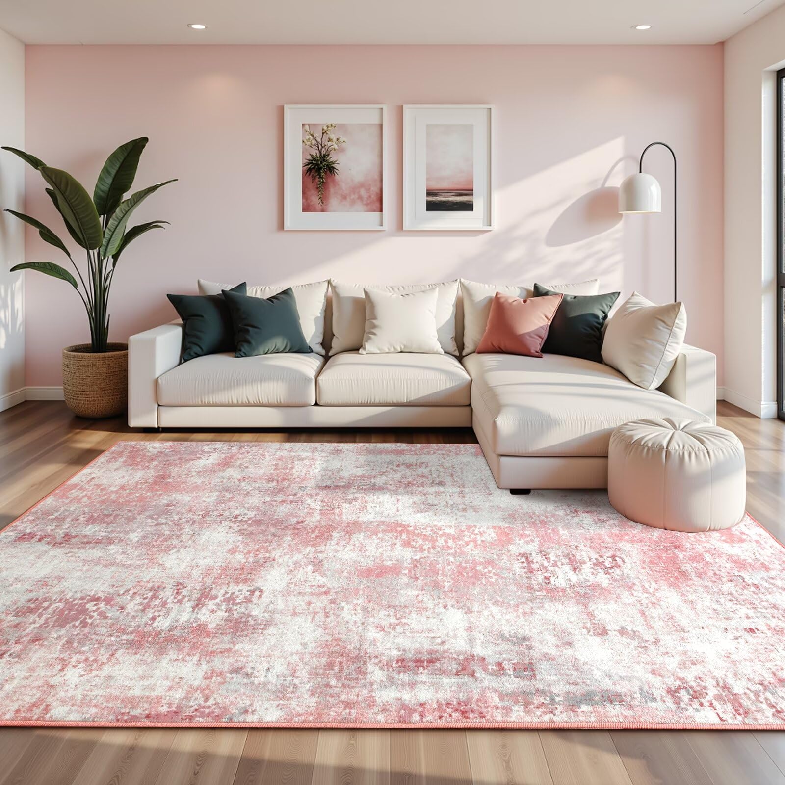 Macgace washable abstract rug pink living room angle highlights vibrant art energy