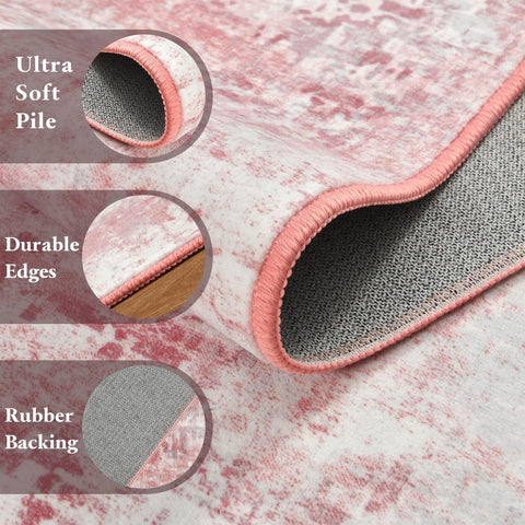 Macgace washable abstract rug pink non-slip back provides safer steps on smooth floors