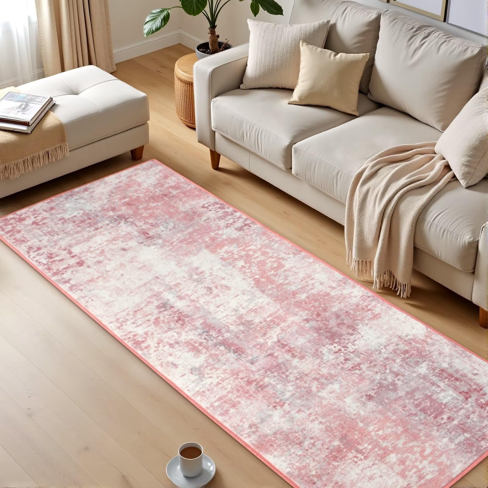Macgace washable pink rug with fluid art and quick-dry properties
