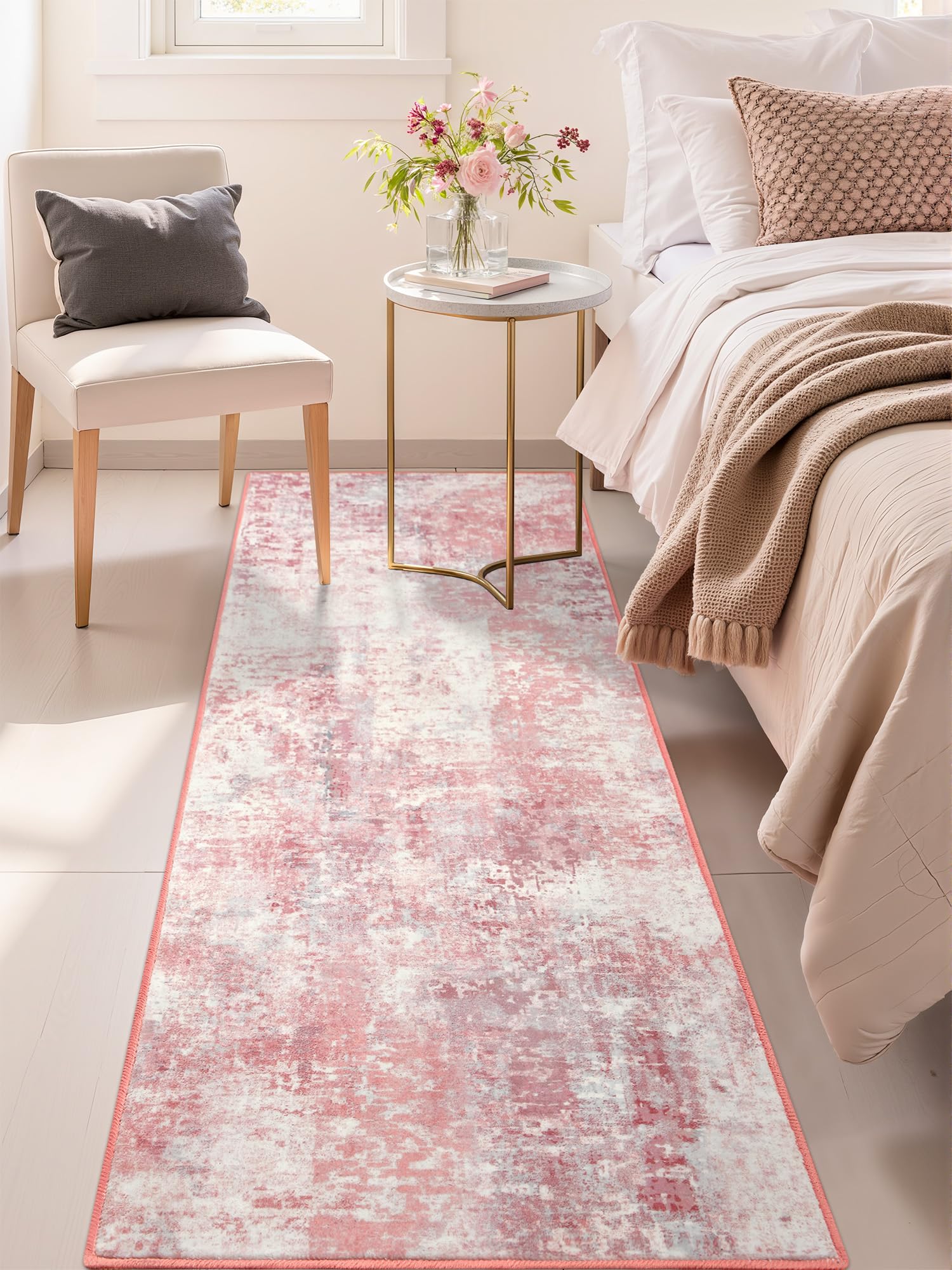 Macgace pink abstract runner with non-slip back for hallway stability