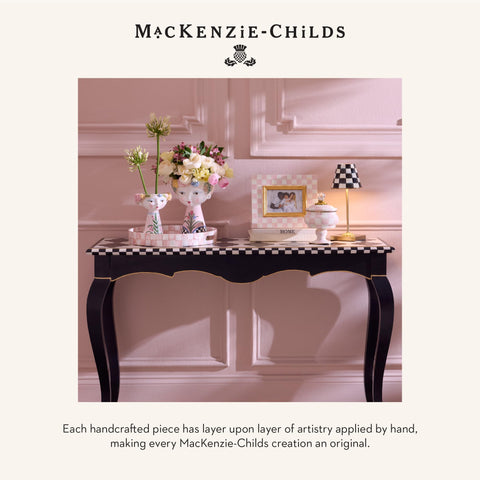MACKENZIE-CHILDS Rosy Check Capiz Tray looks stylish as a gift-ready decor.