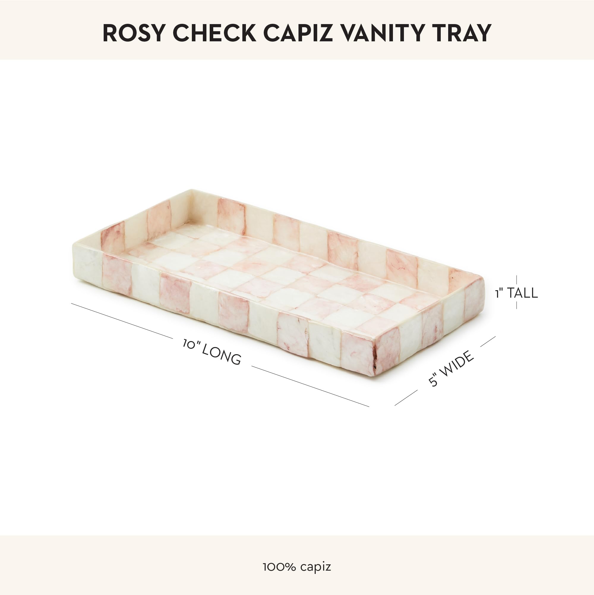 MACKENZIE-CHILDS Capiz Vanity Tray on a dresser demonstrates elegant organization.