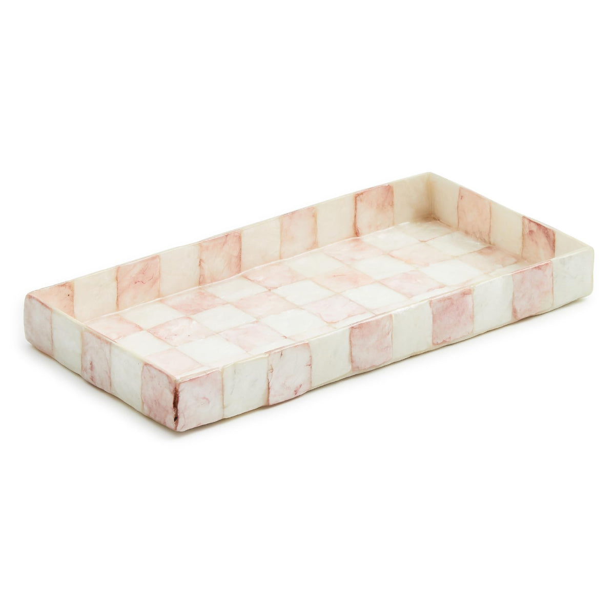 MACKENZIE-CHILDS Capiz Vanity Tray Rosy Check front for chic jewelry display.