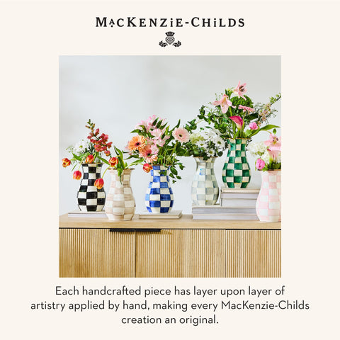 MacKenzie-Childs farmhouse decor vase on shelf creates a welcoming focal point