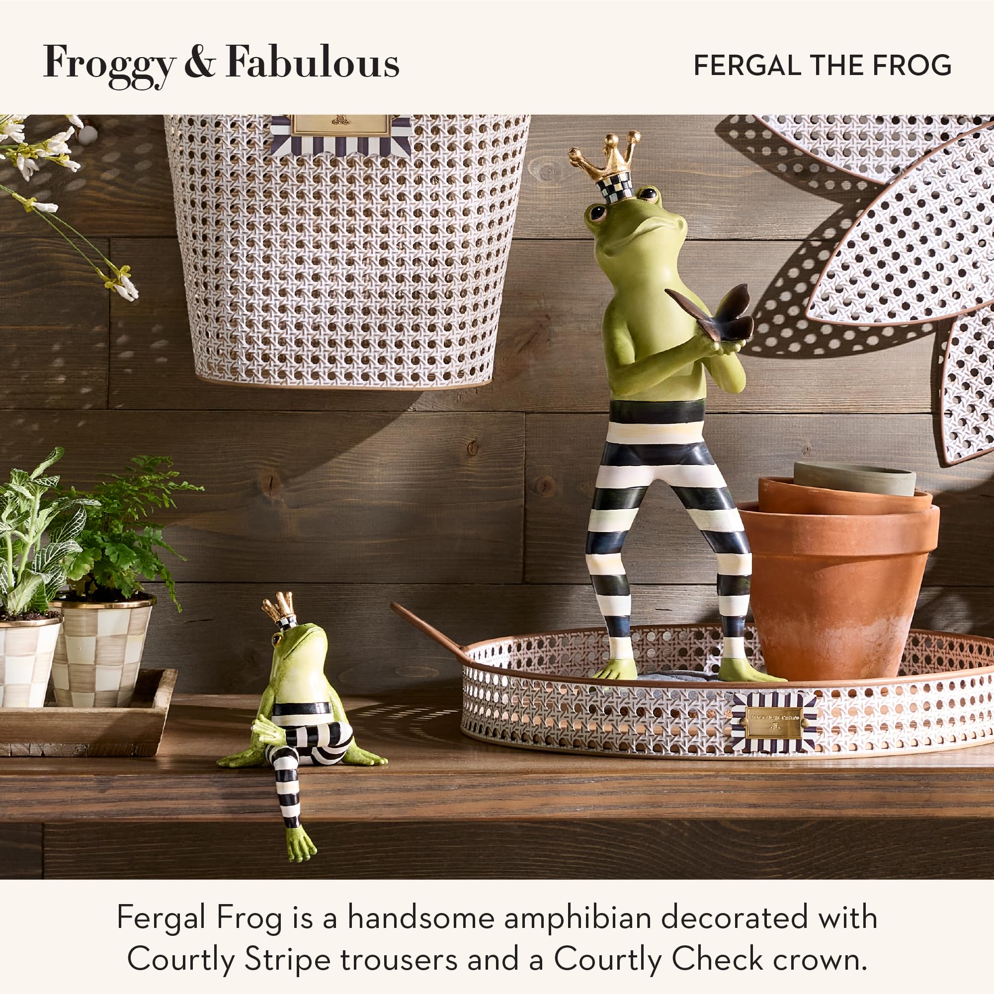 Mackenzie-Childs frog figurine with gold crown elevates coffee-table decor