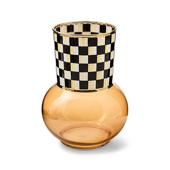 MacKenzie-Childs glass vase with Courtly Check neck adds modern elegance to shelves.