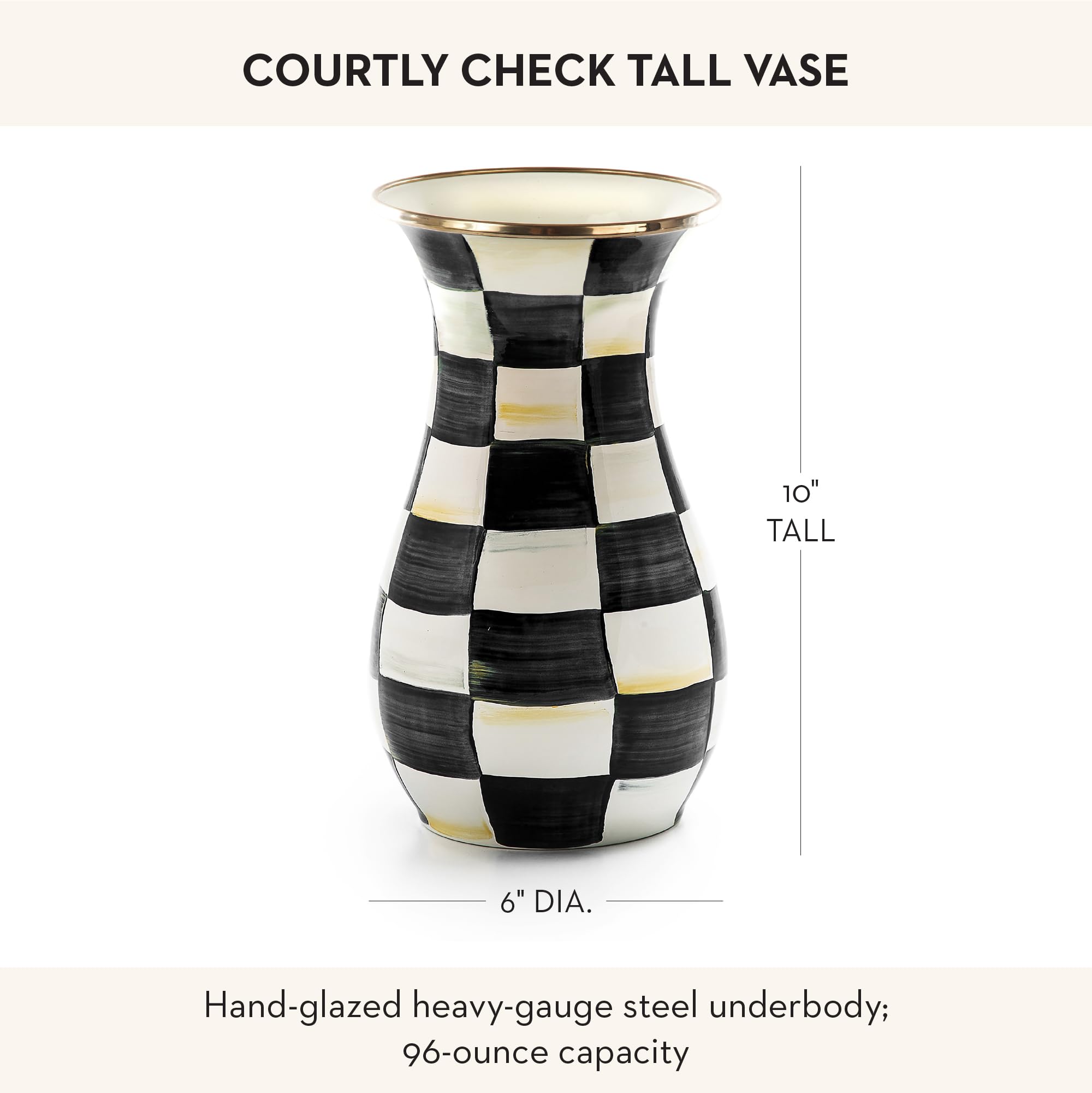 MacKenzie-Childs enamel vase with hand-glazed steel underbody for sturdy display