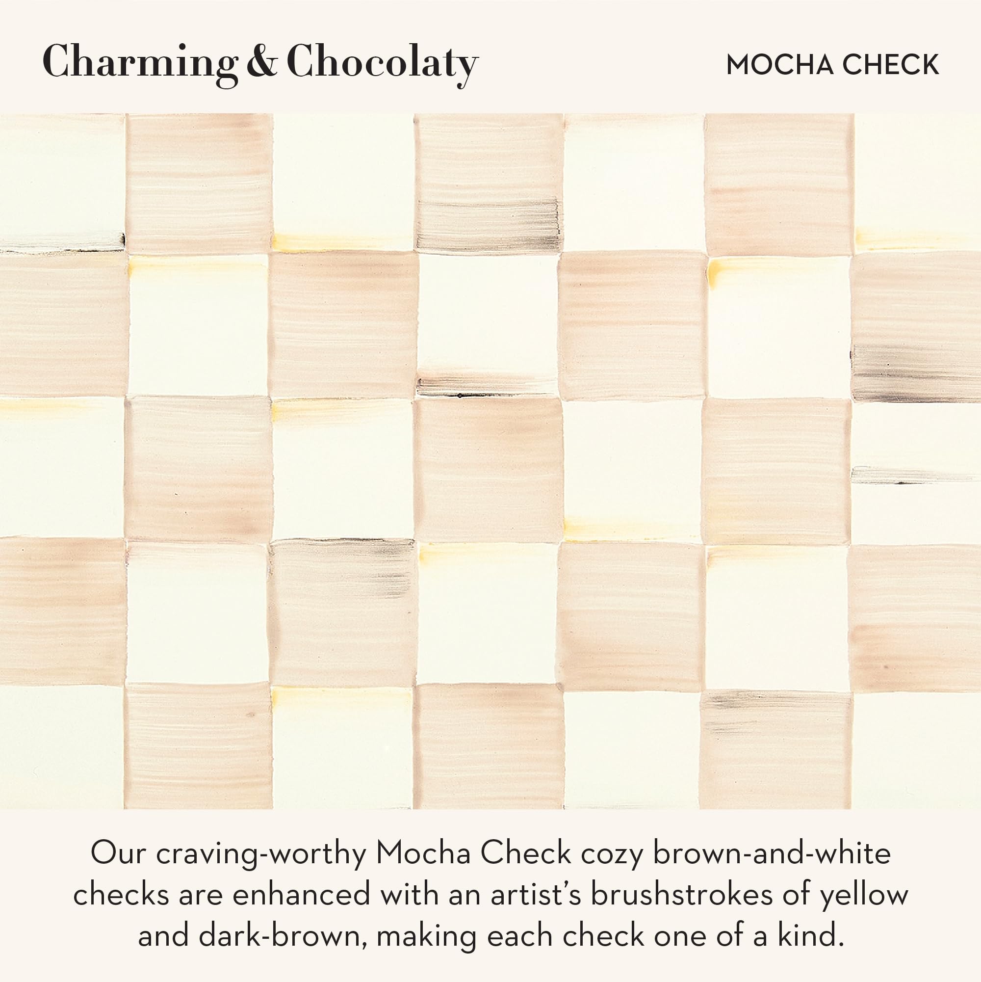 MacKenzie-Childs mocha check vase with flowers enhances a living room vignette