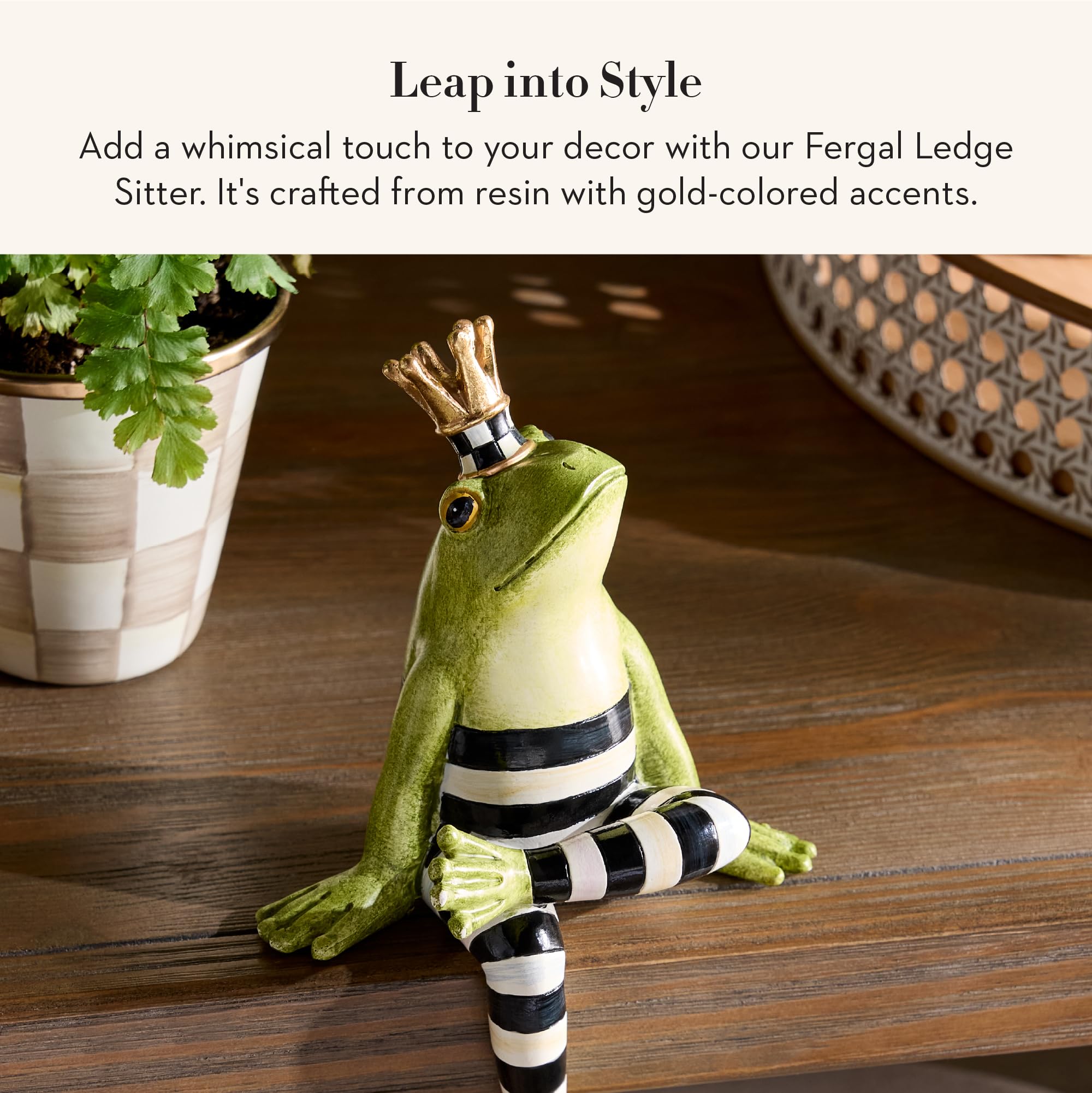 Mackenzie-Childs resin ledge sitter with Courtly Check decor enhances mantle
