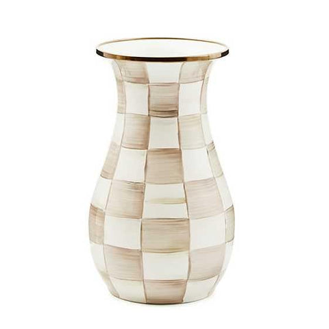 MacKenzie-Childs tall enamel checkered vase base view for rustic tables