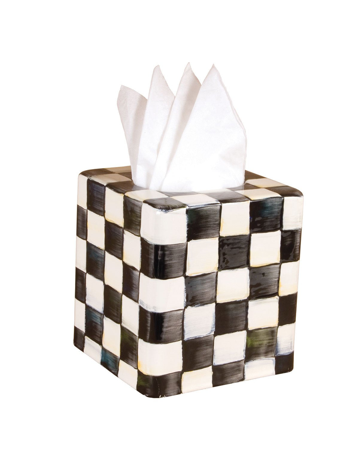 Mackenzie-Childs tissue box cover Courtly Check square closeup enhances elegant bathroom decor.