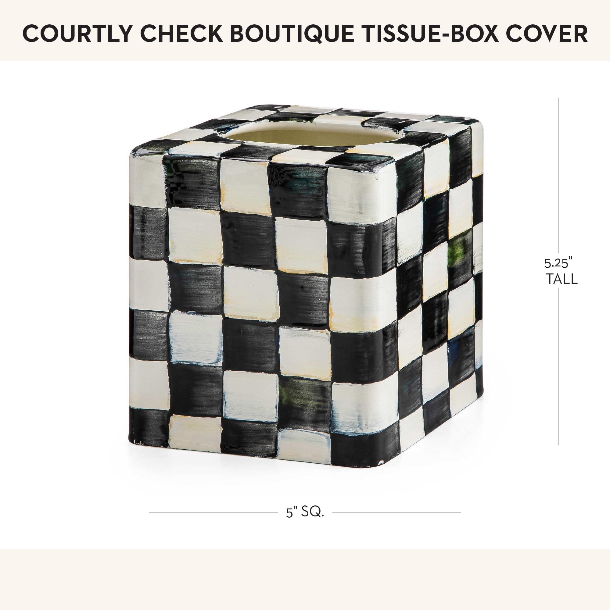 Mackenzie-Childs tissue box cover showcases black-and-white Courtly Check while keeping tissues accessible.