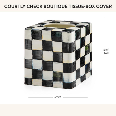 Mackenzie-Childs tissue box cover showcases black-and-white Courtly Check while keeping tissues accessible.