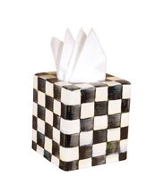 Mackenzie-Childs tissue box cover Courtly Check square in-room setting highlights chic organization.